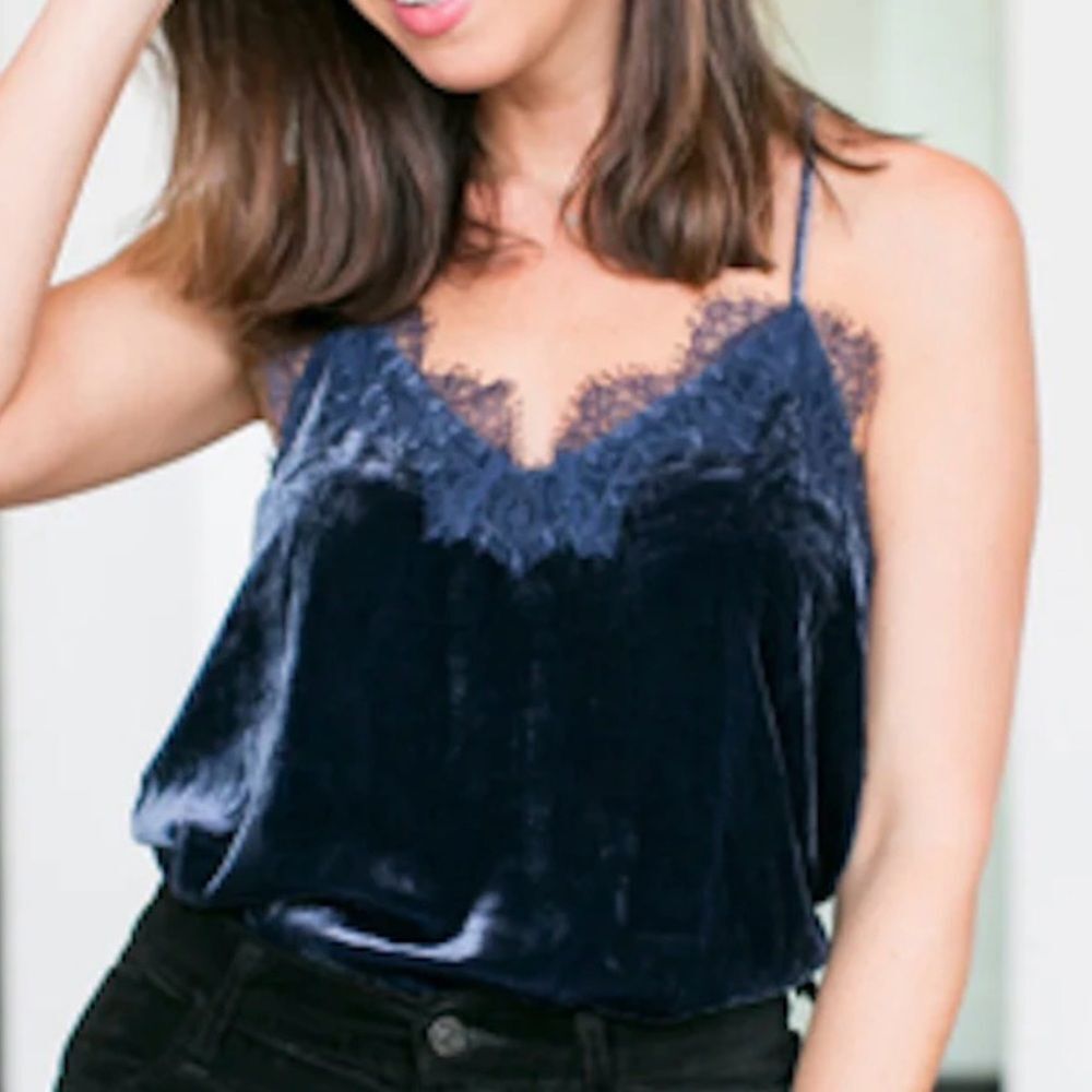 CAMI NYC Navy Blue Crushed Velvet Lace-Trim Racerback Camisole Tank Top SZ M